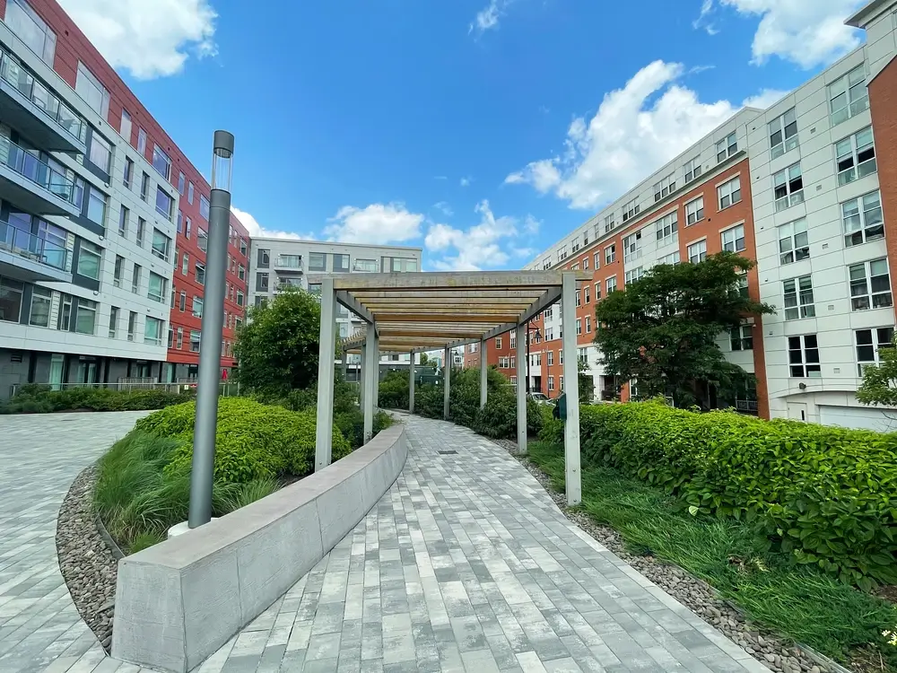 A well kept commerical stone walkway in Greater Boston.
